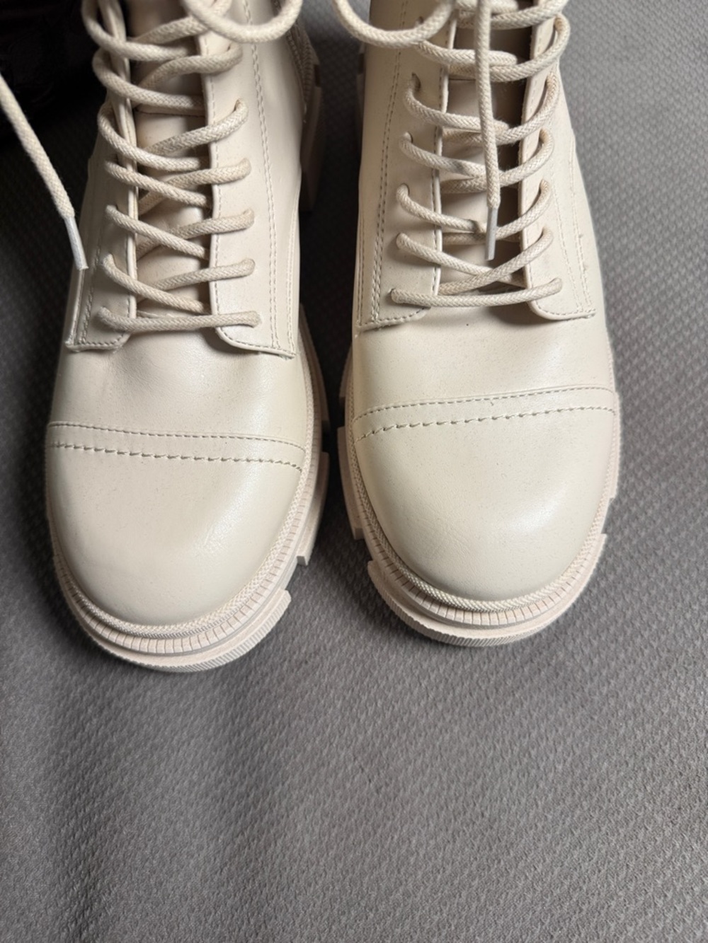 Beige Lace-Up Platform Combat Boots with Pearl & Gold Chain Detail - Picture 10 of 11